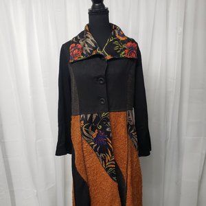 Fleur De Lis Black & Orange Multimedia Button Boho Jacket Size L